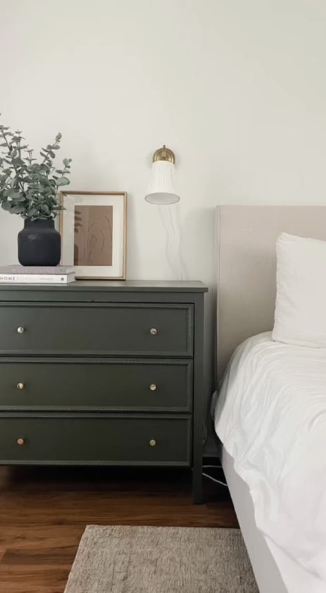 Bedrooms With Green Furniture, Bedroom Green Nightstand, Dresser Bedside Table Ideas, Side Table Dresser, Green Nightstand Bedroom Ideas, Dressers As Bedside Tables, Olive Green Nightstand Bedroom, Dresser Side Table Bedroom, Green Bedside Table Ideas