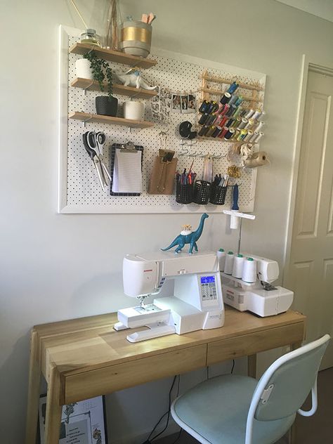 Anatomy of a Small Sewing Space Diy Small Sewing Table, Small Sewing Desk Ideas, Spare Bedroom/sewing Room Ideas, Sewing Small Space, Small Sewing Station, Sewing Station Aesthetic, Bedroom Sewing Space, Sewing Desk Organization, Sewing Storage Small Space