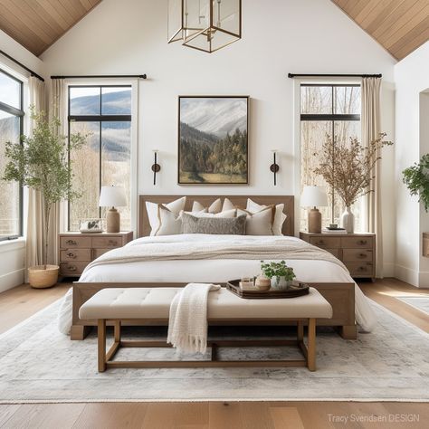 Bed With Different Color Nightstands, Calm Luxury Bedroom, Modern Farmhouse Bedroom Master Suite Vaulted Ceilings, Master Bedrooms Decor Modern Luxury, Contemporary Farmhouse Bedroom, Mediterranean Bedroom Ideas, Trim Windows, Sea Biscuit, Modern Farmhouse Bedroom Ideas