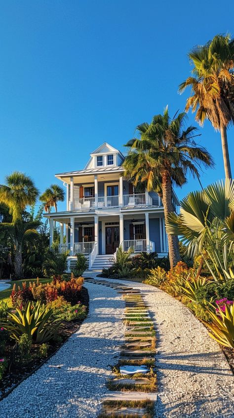 Serene blue beach house surrounded by lush tropical garden with vibrant plants, luxury vacation home concept Malibu House Beach, Bahamas House, Tropical Homes, Australian Beach House, Blue Beach House, Malibu House, Ariel Wedding, Garden Luxury, Tropical Beach Houses