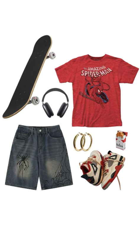 #fashion #colorful #outfitinspo #vintage #spiderman #spidermanaesthetic #skater #skateboarding #ootd #ootdinspo #ootdideas #tomboy #shorts #summer #fashioninspo #outfitideas Dirtbag Outfits, Tomboy Core, Tomboy Shorts, Cloth Ghost, Vintage Spiderman, Nyc Fits, Street Fashion Men Streetwear, Shorts Summer, Cute Everyday Outfits