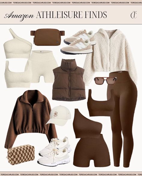 Brown Athleisure Outfit, Beige Leggings Outfit Winter, Woman Sport Outfit, How To Style Brown Leggings, Athleisure Outfits Women, Athletic Style Women, Brown Gym Outfit, Leggings Outfit Work, Winter Outfits Amazon