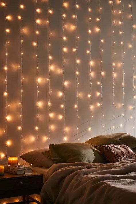 led string lights in bedroom aesthetic home decor room decoration comfy bed cute room Light Curtains Bedroom, Fairy Lights On Wall, Lights Room, String Lights In The Bedroom, Fairy Lights Bedroom, Curtain String Lights, Uni Room, Dorm Ideas, Room Stuff