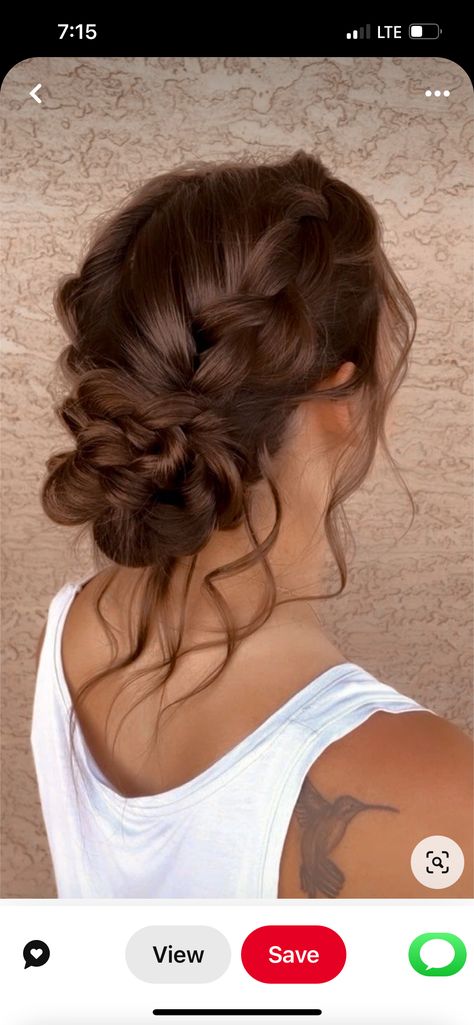 Hoco Messy Bun, Up Hoco Hairstyles, Updo For Hoco, Low Bun Hairstyles For Homecoming, Up Do Homecoming Hairstyles, Hocoming Hair Ideas Simple, Messy Bun Homecoming Hairstyles, Prom Hairstyles Brown Hair Updo, Low Bun Prom Hairstyles Brown Hair