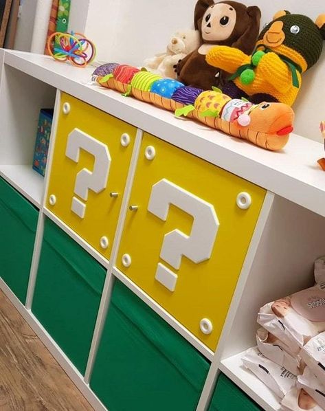 Mario Question Mark, Mario Bros Room, Mario Block, Nintendo Room, Super Mario Room, Mario Room, Ikea Shelf, Big Kids Room, Ikea Shelves