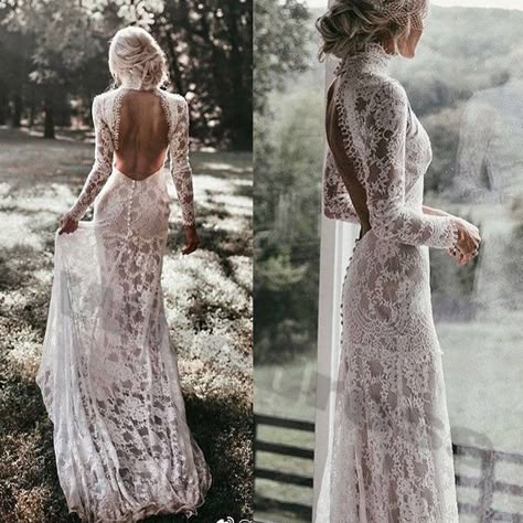 33 Elegant High-neck #Wedding #Dresses To Try - #weddingday Boho Wedding Dress With Sleeves, Wedding Dress Buttons, Long Sleeve Bridal Gown, Long Sleeve Wedding Gowns, Western Wedding Dresses, Open Backs, High Neck Wedding Dress, Wedding Gowns With Sleeves, Backless Wedding