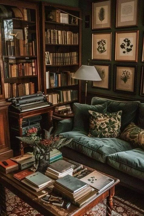 Old Interior Aesthetic, Aesthetic House Interiors Cozy, Dark Academia Aesthetic Home Interior, Historic Cottage Interior, Dark Living Room Aesthetic Cozy, Dark Aesthetic Library Room, Office Ideas Dark Academia, Old Dark House Aesthetic, Cozy Vintage Interior Design