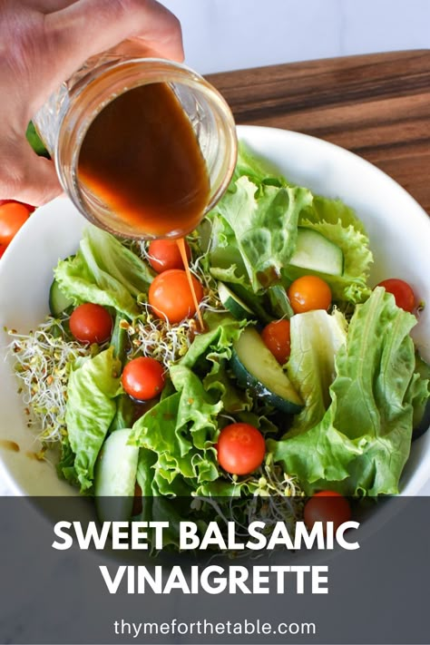 Elevate your salads with this Sweet Balsamic Vinaigrette recipe! This homemade balsamic vinaigrette boasts the perfect blend of sweet and tangy flavors. Drizzle it on your favorite greens, Caprese salads, or use it as a marinade. A touch of honey adds that extra sweetness you'll love in a honey balsamic vinaigrette. Try the best sweet balsamic dressing for a taste sensation that's sure to impress! #SweetBalsamicVinaigrette #HomemadeDressing #SaladDressingRecipe Balsamic Vinegrette Recipes, Taylor Farms Basil Balsamic Vinaigrette Recipe, Balsamic Vinaigrette Recipes, Light Balsamic Vinaigrette, Light Balsamic Vinaigrette Dressing Recipe, Sweet Vinaigrette Recipes, Salad Dressing With Honey, Easy Balsamic Dressing, Sweet Balsamic Vinaigrette