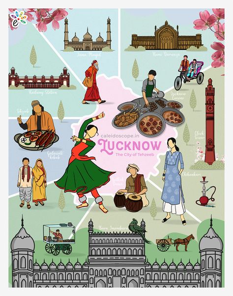 Culture of Lucknow Nawabs Of Lucknow, Haridwar Illustration, Lucknow Illustration Art, Culture Of Uttar Pradesh, Indian Culture Aesthetic Art, Uttar Pradesh Culture Illustration, Lucknow Drawing, Culture Project Ideas, Lucknow Illustration