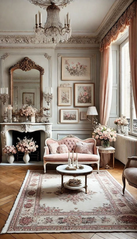 Parisian-style living room with a pink velvet loveseat, ornate fireplace, crystal chandelier, floral artwork, and vintage decor accents. Pink Room Gold Accents, French Lounge Room Ideas, Large Mirror Over Fireplace Living Room, French Chic Apartment, Small French Living Room, Cozy Parisian Living Room, Pink Victorian Room, French Glam Decor, Living Room Designs Pink