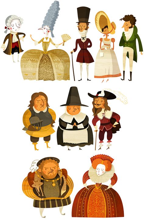 Historical Characters on Behance History Of Fashion, Cartoon Drawings Of People, Fashion Model Poses, Cartoon People, Historical Characters, Character Design References, Illustration Character Design, Illustration Artists, Robins