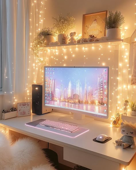 Game Room Ideas Aesthetic, Desk Ideas For Studying, Cool Study Room Ideas, Office Cozy Design, Cozy Desk Setup Ideas, Girly Game Setup, Gaming Set Up Cozy, Stream Setup Ideas, Cozy Gaming Room Aesthetic