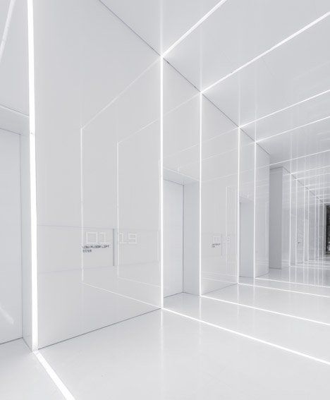 Soho Fuxing Plaza by Aim Architecture Elevator Lobby, Lift Lobby, Office Lobby, Futuristic Interior, Lobby Design, Futuristic Design, Futurism, White Space, Neon Lights