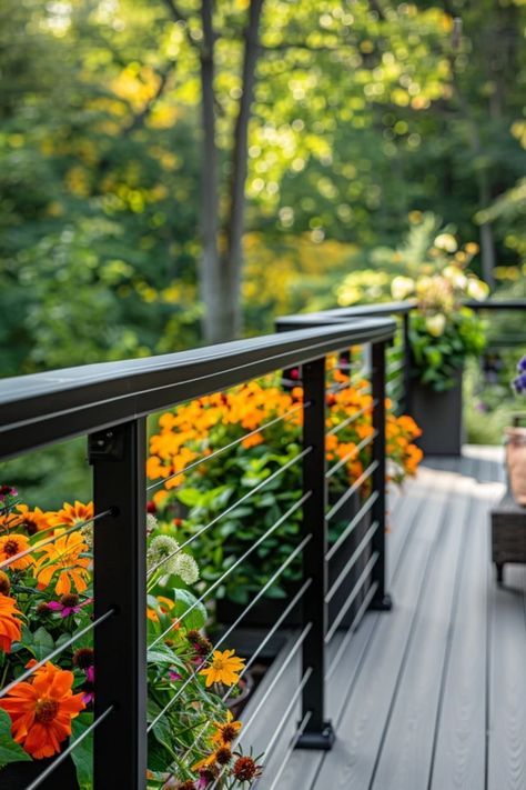 Transform your outdoor decks with these 5 creative cable railing tips! Discover how cable railings can add modern style and improve your outdoor visibility, all while ensuring safety and durability. Whether you're building a new deck or updating an existing one, our easy-to-follow guide will spark your imagination. Explore different materials, color combinations, and design angles that can elevate your space into a stunning retreat! Get inspired to bring your deck dreams to life with practical ideas today. Modern Outdoor Railing Ideas, Wood Deck With Cable Railing, Mid Century Modern Deck Railing, Decks With Cable Railing, Outdoor Staircase Railing Design, Deck Colors For Gray House, Inexpensive Deck Railing Ideas, Raised Decking Ideas, Unique Deck Railing Ideas