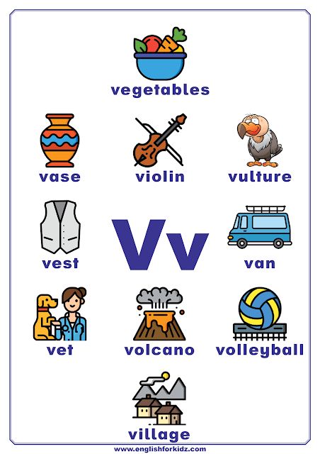 Printable English alphabet poster to learn letter V V Words Preschool, V Is For, V Words For Kids, Letter L Words, V Worksheet, Letter V Worksheets, Letter A Words, V Alphabet, V Words