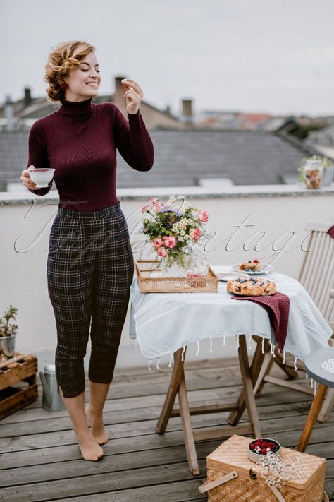 Vintage High Waisted Trousers, Sailor Pants, Jeans 50s Peebles Tartan Cigarette Trousers in Navy £26.91 AT vintagedancer.com Balcony Picnic, Vintage Outfits 1940s, Vintage Outfits 80s, Vintage Outfits 70s, Vintage Outfits 50s, Vintage Outfits Classy, Picnic Outfit, Vintage Outfits 90s, Fashion 50s