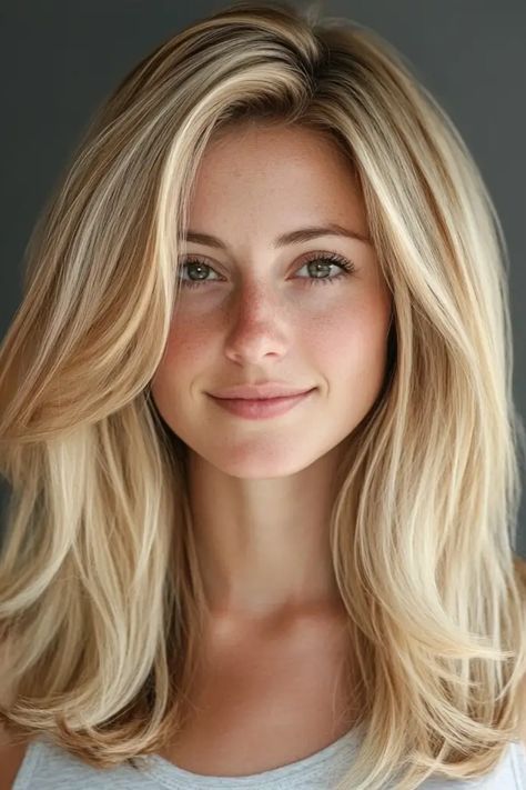 A woman with long blonde hair and a gentle smile looks directly at the camera. Gold Hair With Blonde Highlights, Cool Blonde Hair Color Pale Skin, Single Process Blonde, Classy Blonde Hair, Blonde Hair With Blonde Highlights, Warm Honey Blonde Hair, Dark Hair Blonde Highlights, Honey Blonde Hair Ideas, Blonde Hair With Fringe