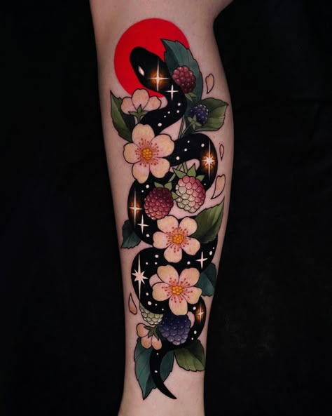 Scorpio Tattoo Color, Snake Tattoo Flowers, Watercolor Snake Tattoo, Snake And Apple Tattoo, Neo Traditional Snake Tattoo, Neo Traditional Snake, Red Snake Tattoo, Snake And Flowers Tattoo, Blackberry Tattoo