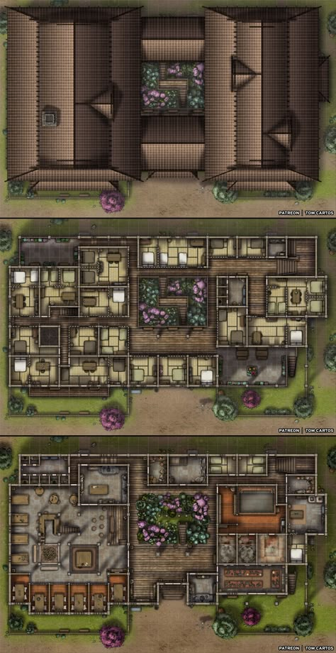 One of the oldest and largest buildings in Iido, the Inn and Bath house is the heart of the community. After a long days work all of the farmers, merchants and artisans find their way to sit by the warm fire, listen to music and catch up on the local gossip. Click the link to find out more. #tomcartos #battlemap #map #ttrpg #dnd #pathfinder#dungeonsanddragons #l5r #5e #free #japan #feudal #japanese #inn #tavern #bathhouse #spa Rumah Minecraft Sederhana, Fantasy City Map, Japanese Home Design, Building Map, Japanese Style House, Traditional Japanese House, Hotel House, Fantasy World Map, Tabletop Rpg Maps