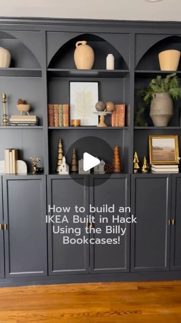 IKEA Hacks & Ideas | Home Inspiration | Houseware & more on Instagram: "⚒️💪🏻 Built-in with IKEA BILLY 📚  @theedgewoodhome shows us her built-in look with IKEA BILLY Bookcases. She attached also arches on the top for even a more steady look before painting everything.   How do you like it?   For more IKEA hacks hope over to her page and follow @theedgewoodhome   #ikeahack #ikeahacksdiy #billybookcase #billybookcasehack #billyhack #ikeabilly #ikeabillybookcase #builtins #builtinshelves #builtinbookshelves 📚⚒️💪🏻" Ikea Entertainment Unit Hack Billy, Ikea Billy Bookshelf Hack, Bookcase Hacks Ikea, Billy Bookshelf Wall, Ikea Tv Unit Hack Billy Bookcases, Build In Ikea Bookcase, Make Ikea Look Built In, Cheap Built In Bookshelves, Billy Hack Built In