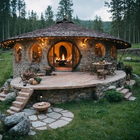 Round Stone House, How To Build A Hobbit House, Cottagecore Building, Circular Cottage, Yurt Exterior, Round House Design, Hobbit House Plans, Yurt Kits, Backyard Deck Ideas