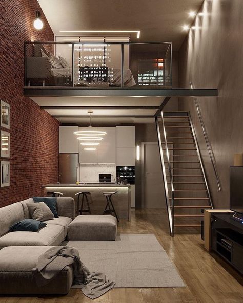 Loft Type House, Loft Apartment Industrial, Industrial Loft Design, Loft House Design, Loft Interior Design, Tiny House Interior Design, Tiny House Loft, Loft Interior, Small Loft