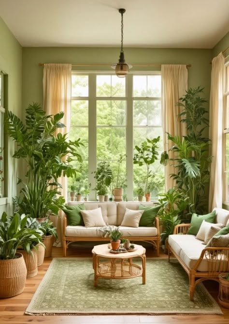 Living Room With House Plants, Cosy Interior Living Room, Cosy Living Rooms Ideas, Pistachio Green Room, Green Wall Living Room Ideas, Green Office Room, Jade Green Living Room, Green Cozy Living Room, Plant Wall Living Room