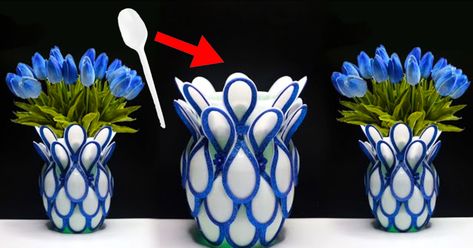 I would have no idea that this plastic spoon flower vase was made out of a plastic bottle and spoons. This is a great way to use the best out of waste or items that you may have lying around the house. This DIY plastic spoon flower vase tutorial by Lista Tsurayya on YouTube is so easy to follow alon Plastic Spoon Tulips, Craft With Spoons, Recycled Flower Vase, Flower Vase Ideas For Home, Plastic Spoon Art, Spoons Diy, Plastic Spoon Crafts, Flower Vase Design, Spoon Craft