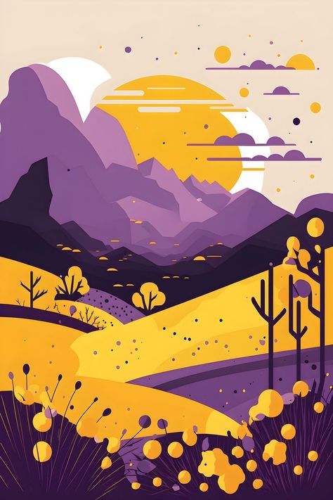 Flat Illustration Landscape, Vector Art Landscape, Abstract Vector Art, Stylized Landscape, Yellow Landscape, Retro Landscape, Sky Art Painting, Minimalist Illustration, Abstract Digital Art