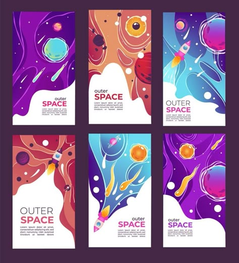 Outer space and universe covers with planets and rockets Space Typography Design, Couple Office, Space And Universe, Space Poster Design, Space Graphic Design, Outer Space Posters, Outer Space Design, Universe Poster, Universe Theme