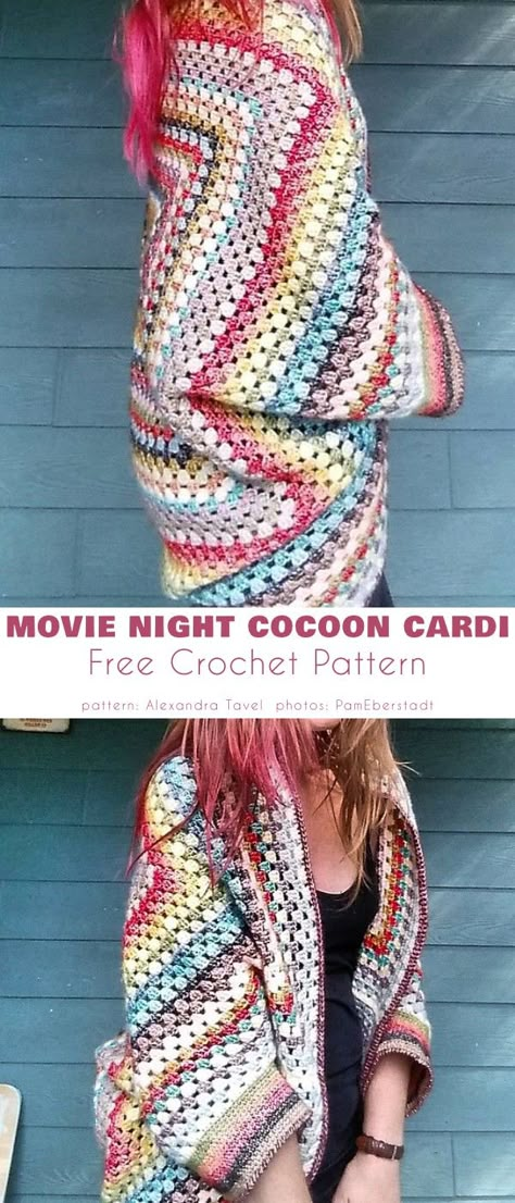 Movie Night Cocoon Cardi Crochet Girlies, Crochet Cocoon Pattern, Cocoon Cardigan Pattern, Crochet Shrugs, Poncho Au Crochet, Cardigan Pattern Free, Square Sweater, Crochet Cocoon, Cocoon Sweater