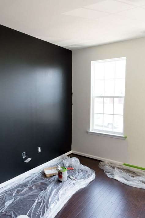 Grey Bedroom With Black Accent Wall, Gray Walls Black Ceiling, Grey Black Room Bedroom, Grey Room With Black Accent Wall, Black Accent Wall Playroom, Black Accent Wall Grey Walls, Black Painted Walls Ideas, Black Wall Room Decor, Black Accent Wall With Gray Walls