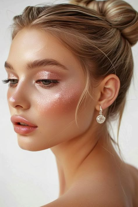 #glam makeup Sparkly Face Makeup, Wedding Makeup Shimmer, Shine Makeup Look, Bright Natural Makeup, Soft Summer Glam Makeup, Natural Sparkle Makeup, Soft Pink Glitter Makeup, Subtle Glitter Makeup, Sparkly Bridal Makeup