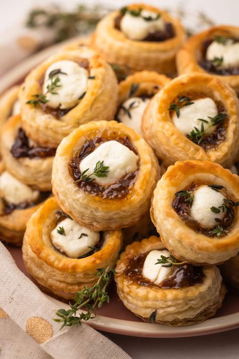 Fig Bacon Goat Cheese, Puff Pastry Fig Goat Cheese, Christmas Dinner Hors D’oeuvres, Goat Cheese Fig Appetizer, Asparagus Pastry Puff Appetizers, French Onion Brie Bites, Caramelized Onion Brie Puff Pastry, Tapas For Party, Fig And Cream Cheese Appetizer