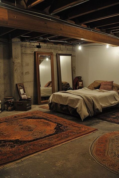 Convert Basement To Bedroom, Unfinished Bedroom Ideas, How To Make An Unfinished Basement Livable, Turning A Basement Into A Bedroom, Exposed Ceiling Basement Ideas, Unfinished Walls Interiors, Unfinished To Finished Basement, Finished Basement Aesthetic, Basement To Apartment Converting