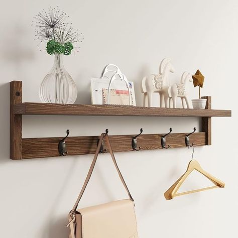 Amazon.com: AMBIRD Wall Hooks with Shelf 28.9 Inch Length Entryway Wall Hanging Shelf Wood Coat Hooks for Wall with Shelf Wall-Mounted Coat Hook Rack with 5 Dual Hooks for Bathroom, Living Room, Bedroom (Brown) : Home & Kitchen Wood Coat Hooks, Coat Hook Shelf, Space Saving Shelves, Wall Hanging Shelf, Entryway Shelf, Wall Coat Rack, Coat Rack Shelf, Pine Walls, Fa Fal