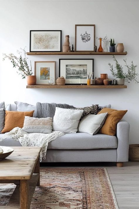 Living Room Floating Shelves Above Couch, Bare Wall Ideas Living Room, Shelves Over Couch, Living Room Decor Simple, Behind Couch Decor, Decor Behind Couch, Shelves Above Couch, Above Couch Decor, White Walls Living Room