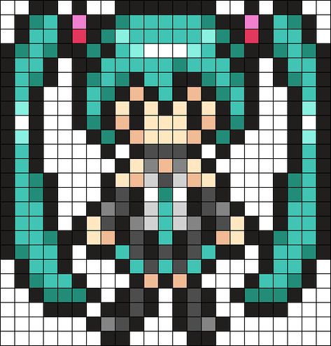 Hatsune Miku Perler Beads Pattern, Muichiro Perler Beads, Hatsune Miku Cross Stitch, Blue Lock Perler Beads, Perler Bead Patterns Characters, Hatsune Miku Pixel Art Grid, Miku Sprite, Miku Kandi Pattern, Fnaf Melty Beads