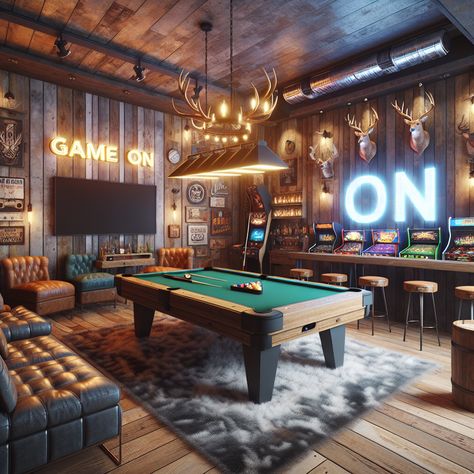 Immerse yourself in the robust environment of a rustic man cave featuring a modern pool table, a gigantic TV, home bar, and vintage arcade games. Enjoy the perfect blend of earthy ambiance and hi-tech amusement. #mancave #homedecor #interiordesign #rusticstyle #hometech #gamenight. Modern Farmhouse Game Room, Western Game Room, Tiny Man Cave, Basement Man Cave Ideas, Home Gaming Room, Sports Room Man Cave, Man Cave Barn, Farmhouse Game Room, Man Cave Ideas Room