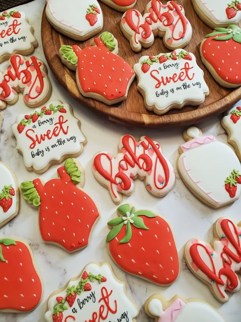 Strawberry Baby Shower Cookies - Etsy Strawberry Themed Baby Shower Cookies, Strawberry Shortcake Baby Shower Treats, Baby Shower Ideas Strawberry Shortcake, Girl Baby Shower Ideas Strawberry, Berry Cute Baby Shower Ideas, Strawberry Treats For Party, Strawberry Shortcake Sugar Cookies, Berry Sweet Baby Shower Cookies, Girl Baby Shower Strawberry Theme