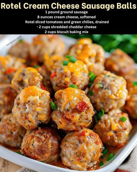 When it comes to comfort food with a touch of Southern charm, Rotel Cream Cheese Sausage Balls are a standout. These delicious bites combine the savory flavor of sausage, the creamy richness of cheese, and the zesty kick of Rotel tomatoes and green chilies, all wrapped up in a fluffy biscuit mix. They're the perfect appetizer for gatherings, parties, or just a cozy night in with family. My first encounter with sausage balls was at a holiday party, where a friend brought a platter of these irresi Sausage Ball Recipe Bisquick, Cream Cheese Sausage Balls Bisquick, Cheese Sausage Balls, Sausage Balls Bisquick, Cream Cheese Sausage, Sausage Bites, Cream Cheese Sausage Balls, Coconut Cream Cheese, Baked Cream Cheese Spaghetti