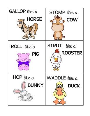 These are just so cute. I could use them for a charades game or I may have to print these on cardstock and turn them into homemade memory cards! Movement Cards, Farm Lessons, Farm Theme Preschool, Farm Unit, Farm Animals Theme, Farm Preschool, Farm School, Farm Activities, Preschool Music