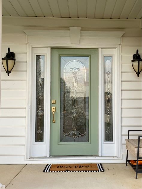 Coastal Plain Sherwin Williams, Sherwin Williams Coastal Plain, Sage Green Exterior House Colors, Sherwin Williams Coastal, Aqua Door, Green Exterior House Colors, Exterior Gray Paint, Coastal Exterior, Green Shutters