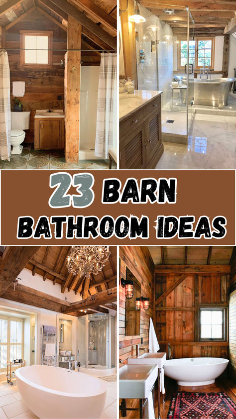 Collage of rustic barn bathroom designs showcasing wood-paneled walls, exposed beams, freestanding tubs, and farmhouse-style decor. Perfect for adding a cozy, country-inspired touch to your bathroom space! Log Home Bathrooms Modern, Log Cabin Bathrooms Master Suite, Rustic Ensuite Bathroom Ideas, Knotty Pine Bathroom Ideas, Western Shower Ideas Bathroom, Cozy Rustic Bathroom, Cottage Core Bathroom Remodel, Master Bath Farmhouse, Rustic Bathrooms Ideas Farmhouse