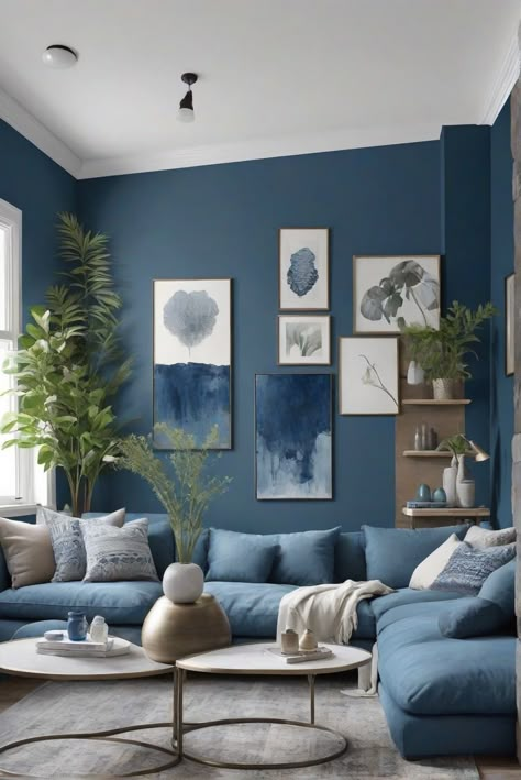 Marine Blue (2059-10) - Nautical Vibes: Best of 2024 Colors! - upgradesign.blog Color For Walls Living Room, Blue Family Room Ideas, Blue Living Room Aesthetic, Airbnb Living Room Ideas, Blue Wall Living Room, Blue Living Room Color Scheme, Kitchen Wall Color, Navy Sofa Living Room, Neutral Living Room Paint