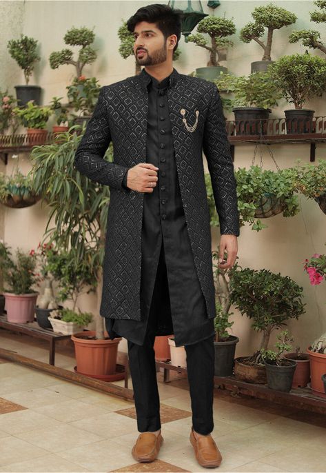 Indowestern Outfits For Men, Collar Neck Dress, Achkan For Men, Indo Western Outfits For Men, Wedding Suits Men Blue, Indo Western Dress For Men, Groomsmen Dress, Man Dress Design, Indian Wedding Clothes For Men