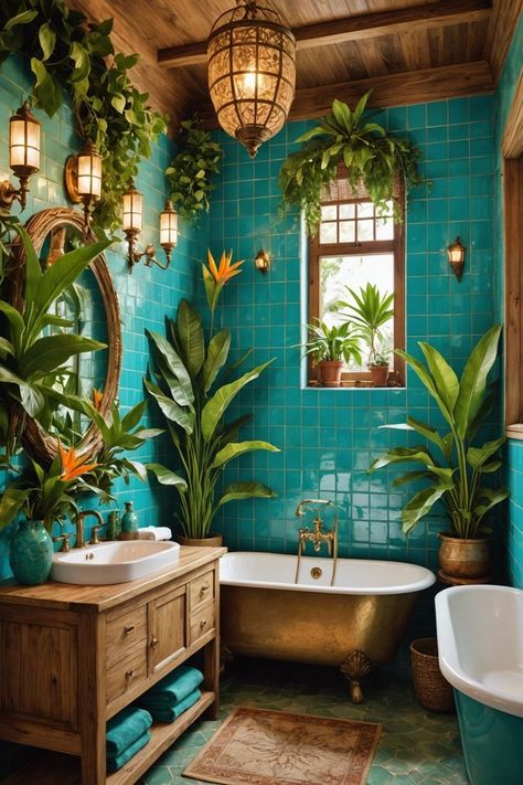 Tiki Room Bathroom, Bathroom Decor Mediterranean, Barbados Interior Design, Boho Tropical Bathroom, Spanish Moroccan Bathroom, Jungle Bathroom Aesthetic, Orange Tiled Bathroom, Exotic Bathroom Ideas, Mexican Home Style