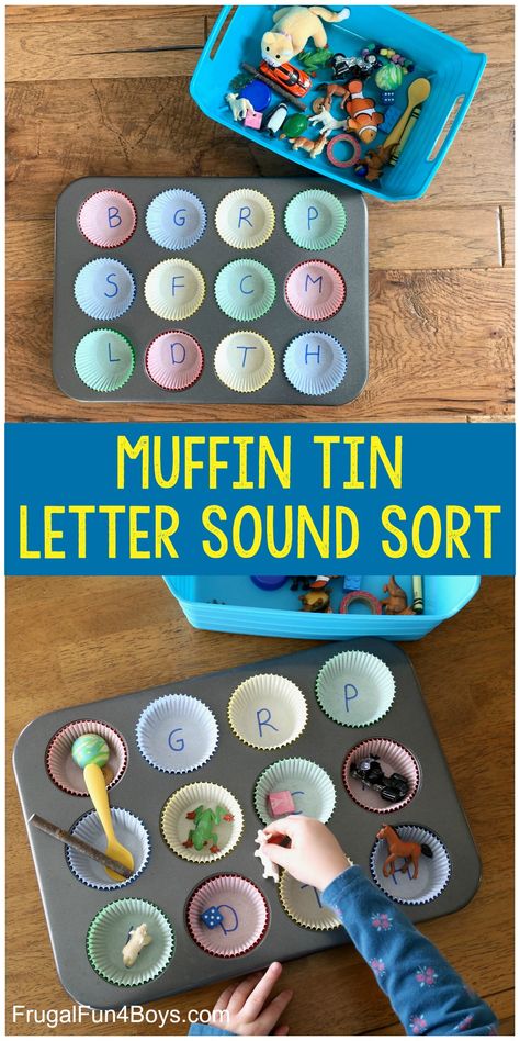 Muffin Tin Letter Sounds Activity - Frugal Fun For Boys and Girls Letter Sound Activities, Blossom Painting, Letter Sound, Preschool Literacy, Letter Activities, Cotton Balls, Kindergarten Literacy, Kids Learning Activities, Toddler Learning Activities