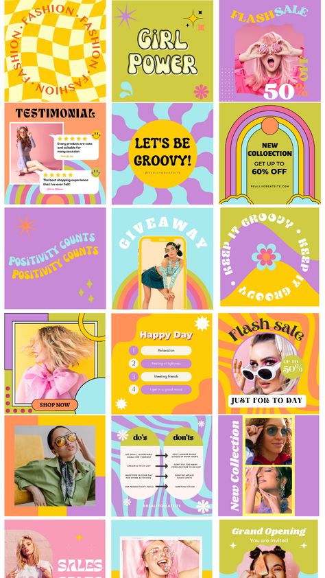 Instagram Post Design Funky Social Media Post, Groovy Instagram Feed, Graphic Design Inspiration Instagram, Canva Post Template, Canva Content Ideas, Vibrant Instagram Feed, Canva Instagram Post Ideas, Instagram Product Post Ideas, Fun Instagram Feed