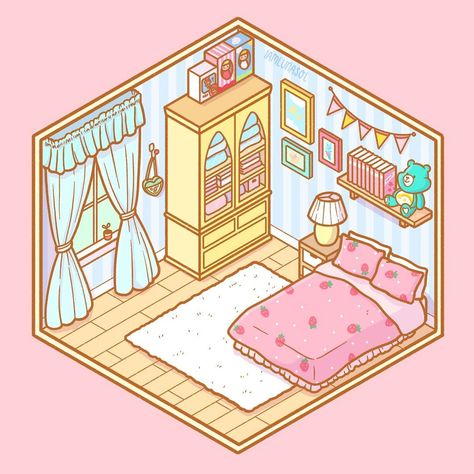 Felice Regina on Instagram: “I’ve been kinda lacking in exciting ideas for new artwork lately so I just decided to draw a kawaii pastel bedroom. Isometric rooms are so…” Wall Drawing Ideas Bedroom, Wall Drawing Ideas, Kawaii Bedroom, Bedroom Drawing, Isometric Drawing, Cute Room, Isometric Art, Isometric Design, Wall Drawing